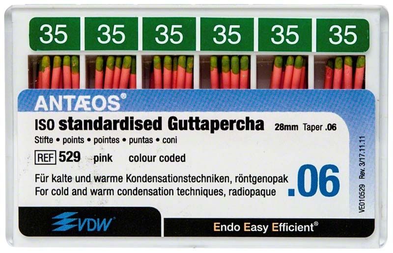 Guttapercha Stifte .06 rosa für Wurzelkanalfüllung in Verpackung.