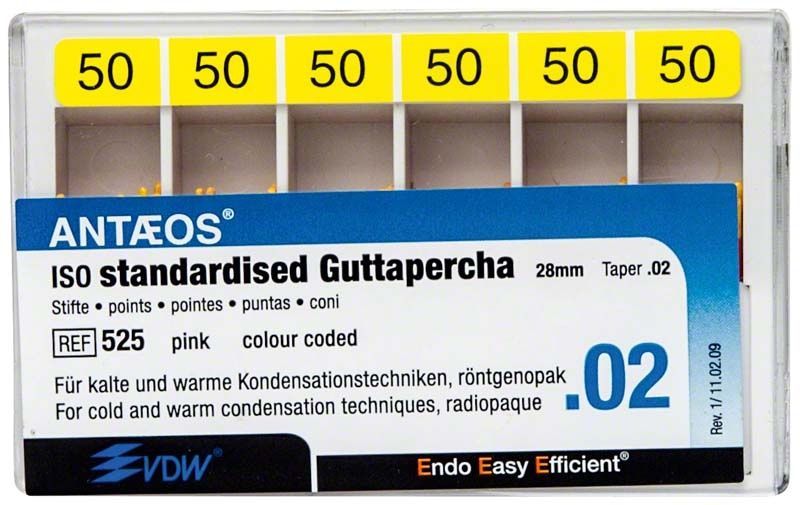 Guttapercha-Stifte ISO .02, Größe 50, in gelber Verpackung.