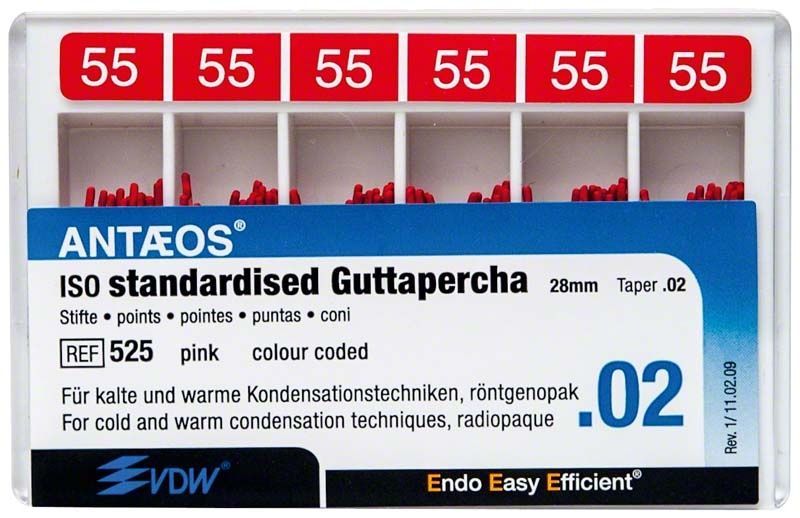 Guttapercha-Stifte Gr. 55/.02 rot in Verpackung für Endodontie.