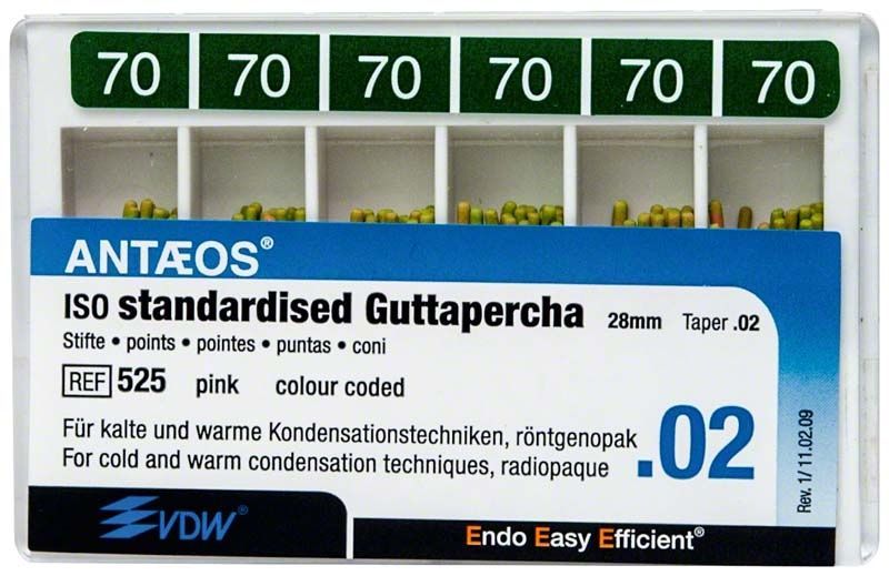 Verpackung von Guttapercha .02 Gr. 70 mit grüner Farbkennzeichnung.