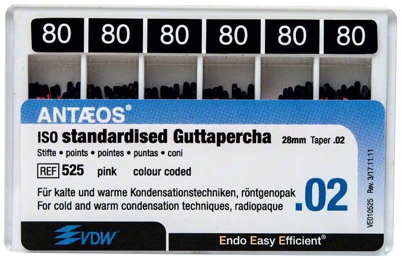 Guttapercha ISO standardisiert, Farbe schwarz, Größe 80, Taper .02.