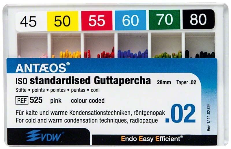 Guttapercha-Stifte in ISO-Größen mit Farbcodierung von 45 bis 80.