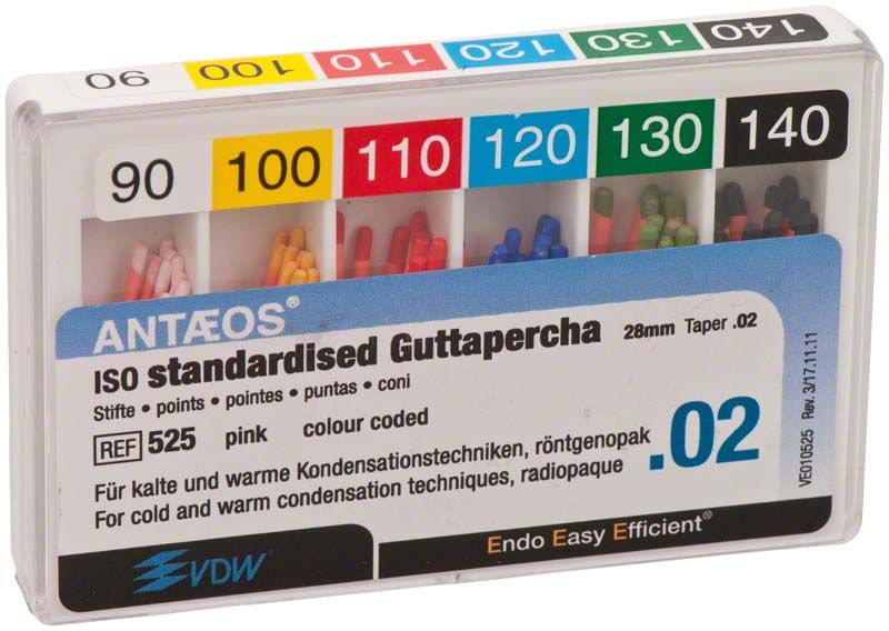 Guttapercha-Stifte ISO 90-140 sortiert in Farbcode-Box von VDW.