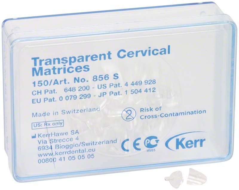 Transparente Hawe Zervikalfolien 856S in Kunststoffverpackung mit Aufdruck und Kerr-Logo.