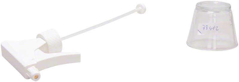 Handsprühpumpe mit weißem Sprühkopf und durchsichtigem Messbecher.