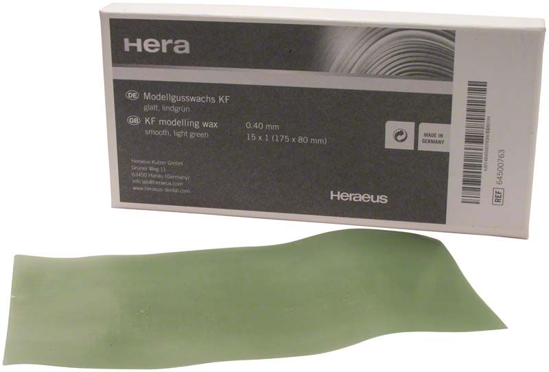 Modellgusswachs KF glatt in hellgrün mit Verpackung und Maße 0,4 mm.