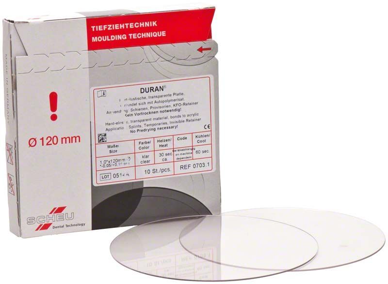 Hartelastische transparente Duran Tiefziehfolie für dentalmedizinische Anwendungen.