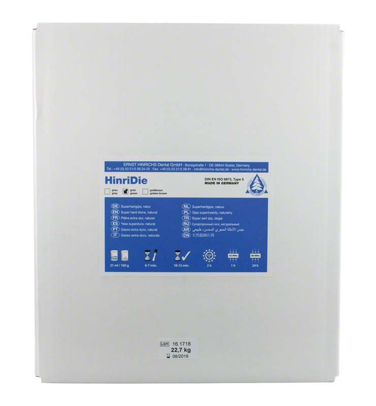 HinriDie grün Sack Modelliergips 22,7kg mit blauer Beschriftung auf weißem Hintergrund.