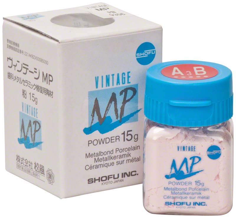Pulverbehälter mit blauem Deckel und Verpackung von VINTAGE MP Dentin 15g A3B.