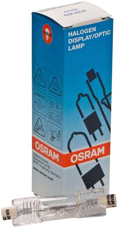 Halogenlampe Osram 6,6A 200W mit blauer Verpackung und technischen Illustrationen.