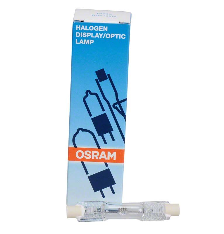 Halogenlampe Osram 6,6A 100W vor ihrer Verpackung.