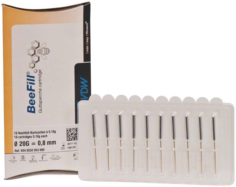 BeeFill Guttapercha-Kartuschen 20G - Ø 0,80mm neben Verpackung.