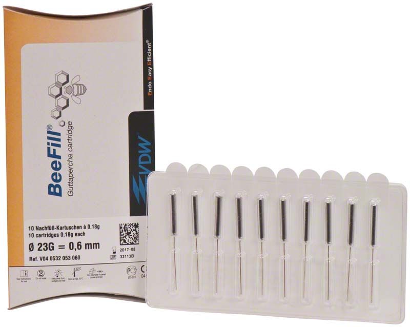 BeeFill Guttapercha-Kartuschen 23G, 0,60 mm, in geöffneter Verpackung.