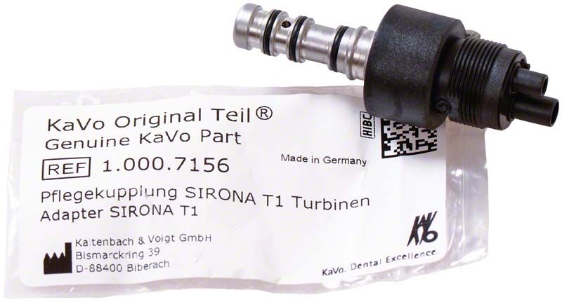 Pflegekupplung Sirona T1 Turbinen mit Verpackungsetikett.
