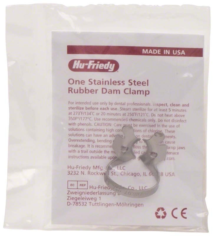 Kofferdam-Klammer aus Satin-Stahl für obere Molaren auf Verpackung.