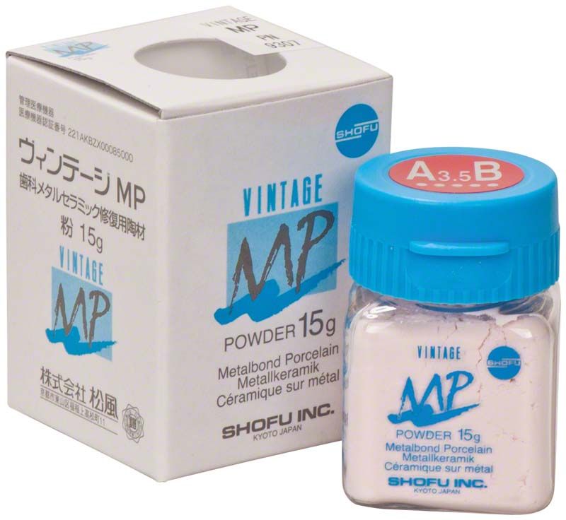 Vintage MP Dentin Pulver 15g A3,5B mit blauer Verschlusskappe und Kartonverpackung.