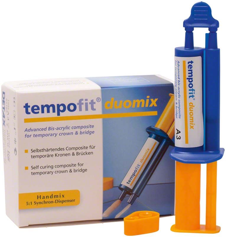 Selbsthärtendes Composite tempofit® duomix A3 mit Dispenser und Verpackung.