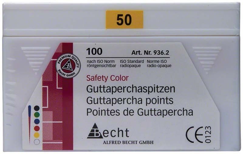Guttaperchaspitzen Safety Color Gr. 050 in gelber Verpackung.