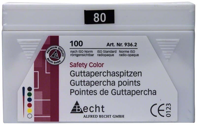 Guttaperchaspitzen Safety Color Gr. 080 in schwarzer Verpackung mit Farbcodierung.