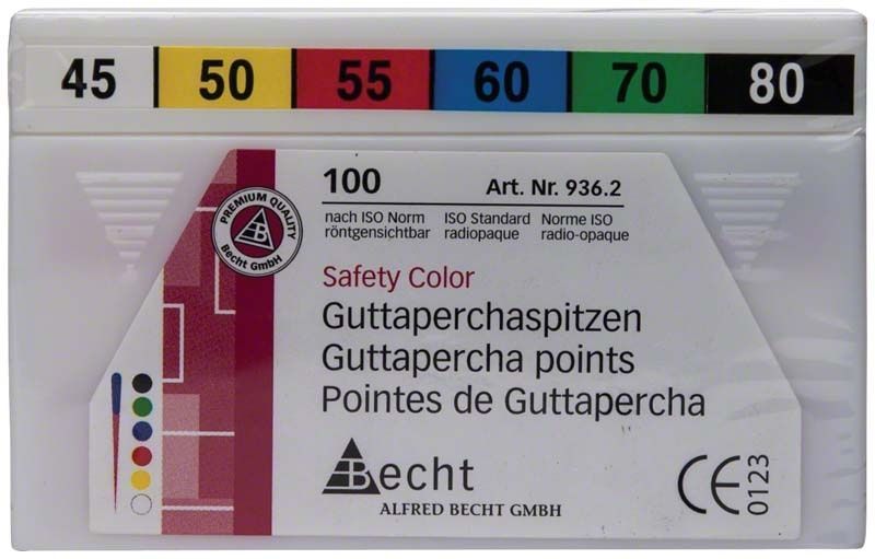Guttaperchaspitzen safety color von Alfred Becht in Verpackung, Größe 045-080.