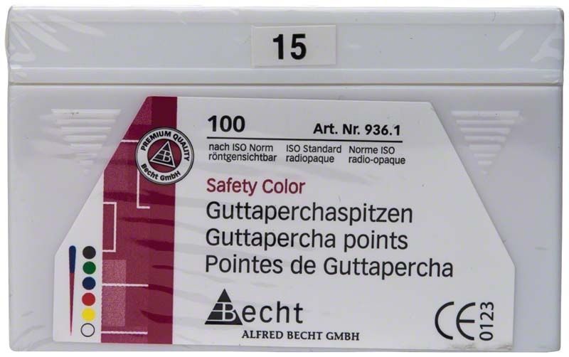 Guttaperchaspitzen Safety Color Gr. 015 in weißer Verpackung.