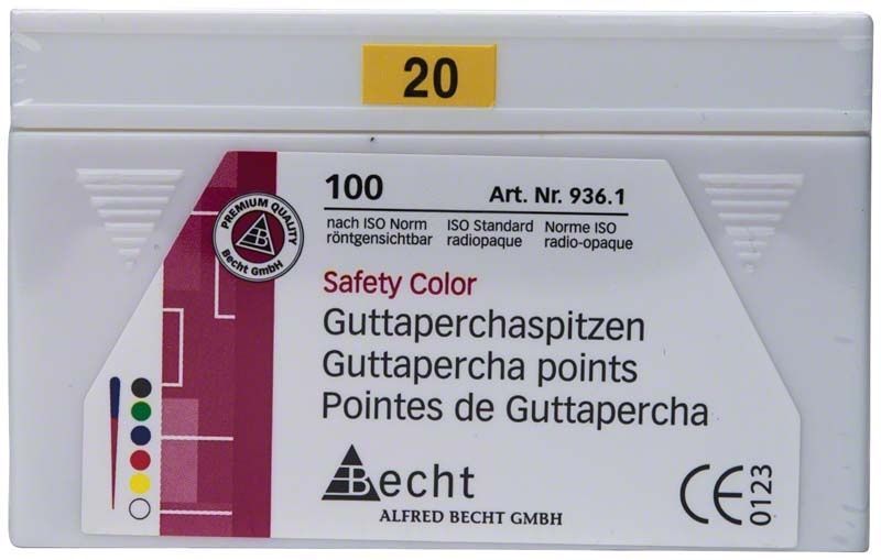 Guttaperchaspitzen safety color Gr. 020 in Verpackung mit Becht-Logo.