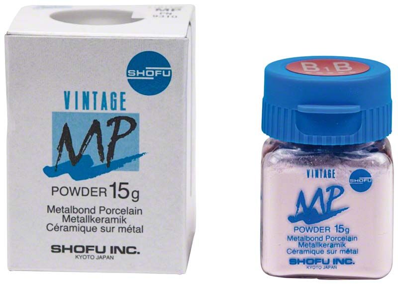Vintage MP Dentin 15g B1B Metallkeramikpulver in blauer Verpackung.