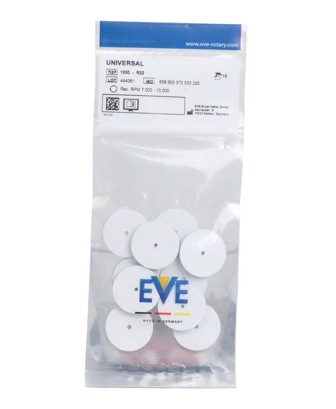 EVE UNIVERSAL weiß unmontiert Silikonpolierer im 10er-Pack in transparenter Verpackung.