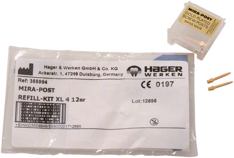 Mirapost® vergoldet XL4 Refill-Kit mit 12 Schrauben und Verpackung.