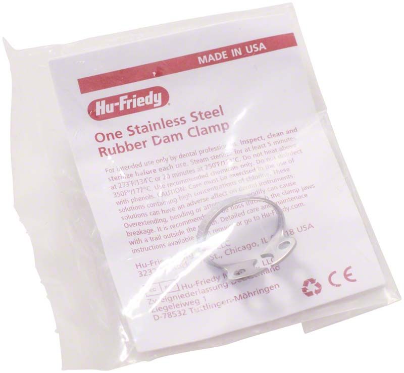 Kofferdam-Klammer aus Edelstahl mit Verpackung und Gebrauchsanweisung.