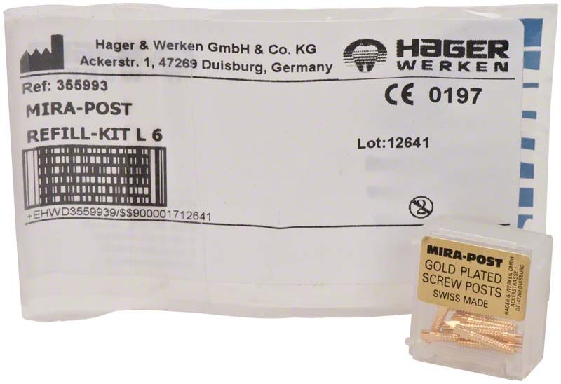 Mirapost® vergoldet L6, 12 Stück in Verpackung mit Etikettendetails.