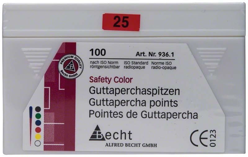 Guttaperchaspitzen Safety Color Gr. 025 rot in versiegelter Verpackung.