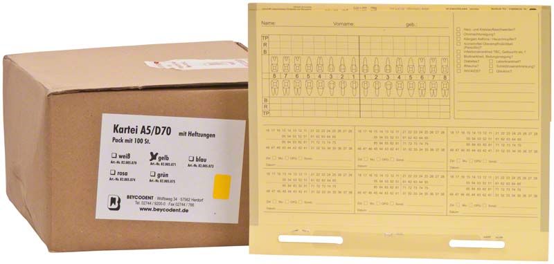 Karteimappe A5/D70 in Gelb mit Heftzunge und Adressfeld.