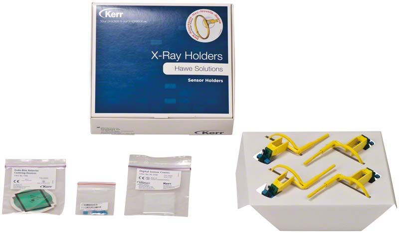 Endo-Bite™ Senso anterior 4er, gelbe Halterungen für Röntgensensoren in Verpackung.
