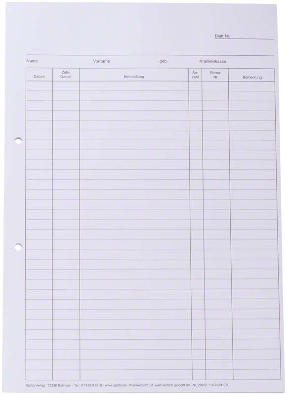 Krankenblatt A4 weiß mit vorgedruckten Feldern für Patientendaten.