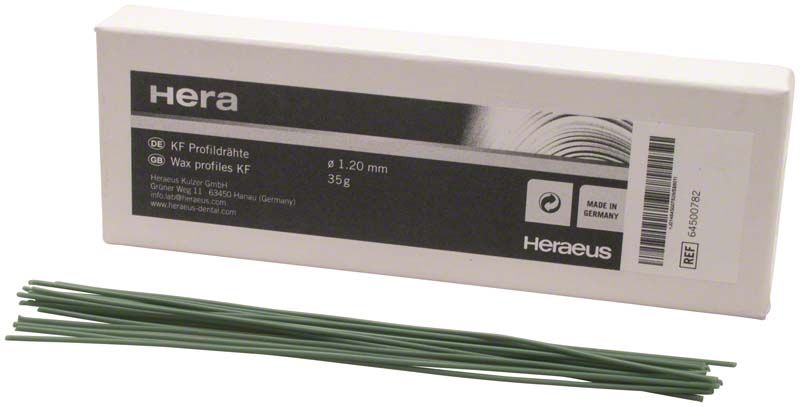 KF-Wachsprofildrähte Ø 1,2mm in Verpackung mit Heraeus-Logo.