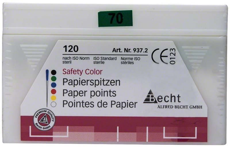 Papierspitzen safety color Gr. 070 grün, Verpackungsvorderseite mit ISO-Norm und CE-Zeichen.