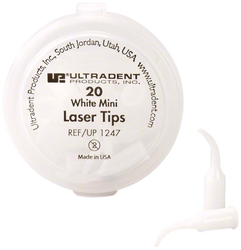Runde Verpackung der White Mini™ Laser Tips mit zwei gebogenen Kunststoffansätzen.
