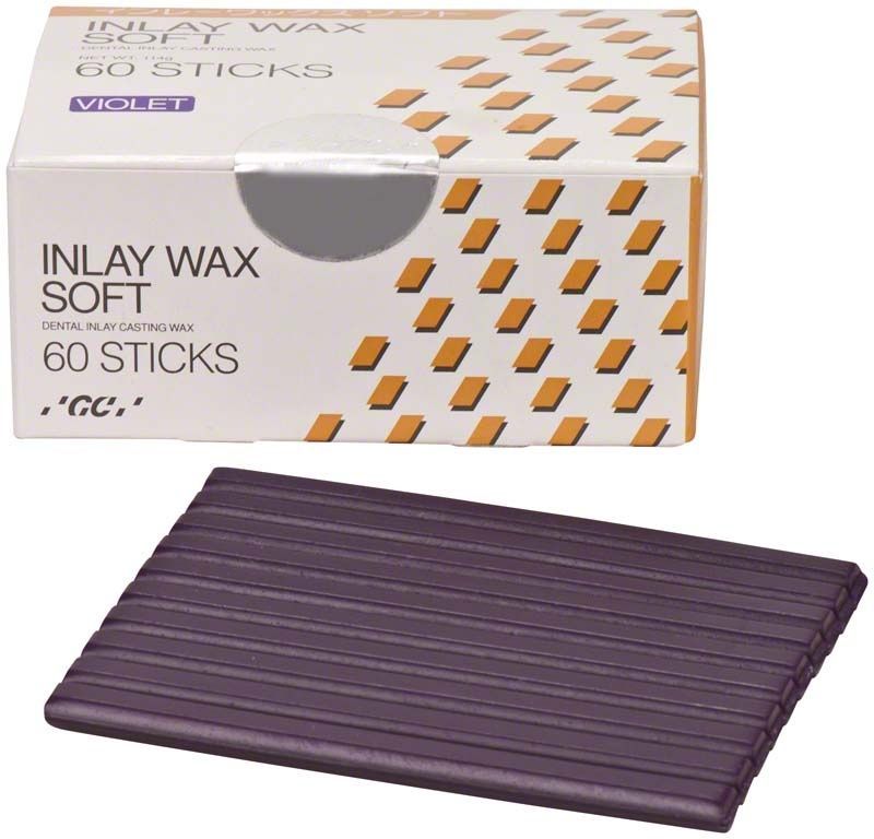 Inlay-Wachs Soft Violet, 60 Sticks, mit Verpackung und Wachsplatte.