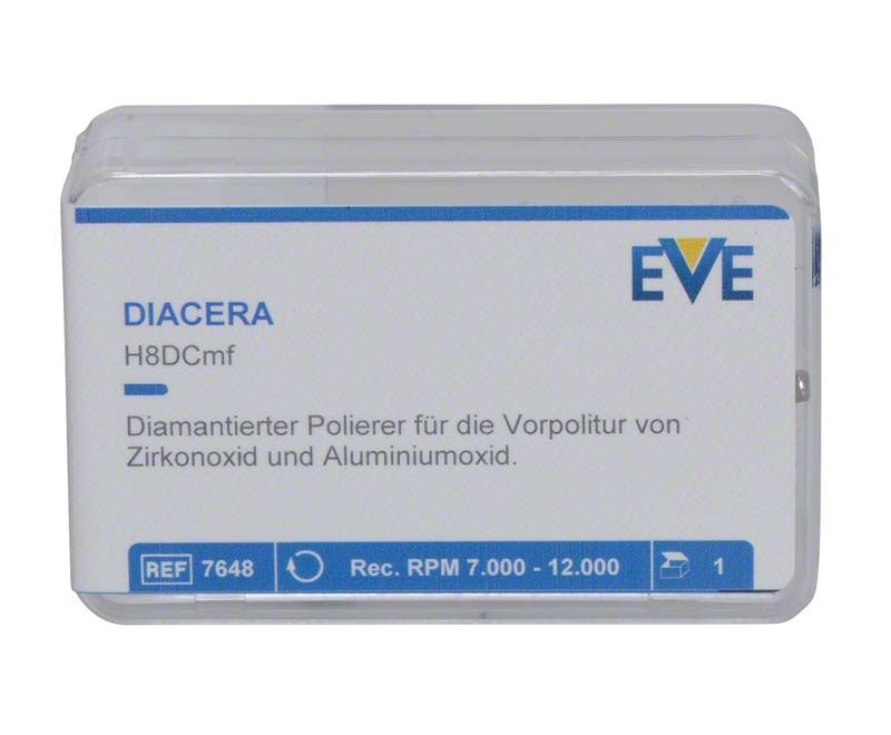 Transparente Verpackung des EVE Diacera Handstücks, geeignet für Zirkonoxid-Vorpolitur.