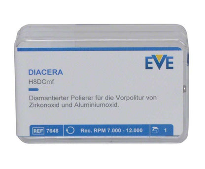 Transparente Verpackung des EVE Diacera Handstücks, geeignet für Zirkonoxid-Vorpolitur.
