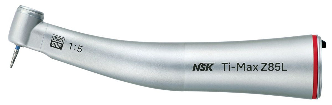 Silbernes Ti-Max Z Winkelstück Typ Z85L mit Licht und rotem Ring.