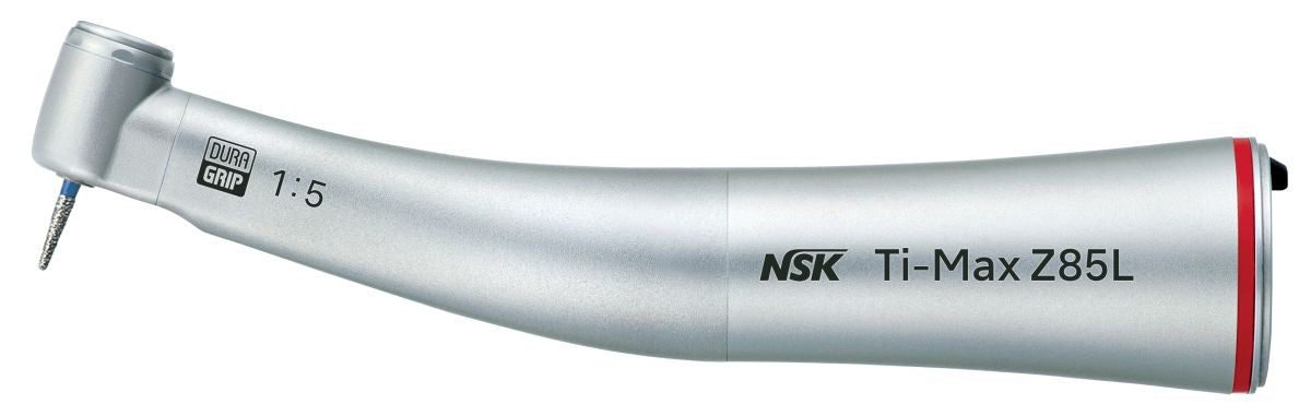 Silbernes Ti-Max Z Winkelstück Typ Z85L mit Licht und rotem Ring.