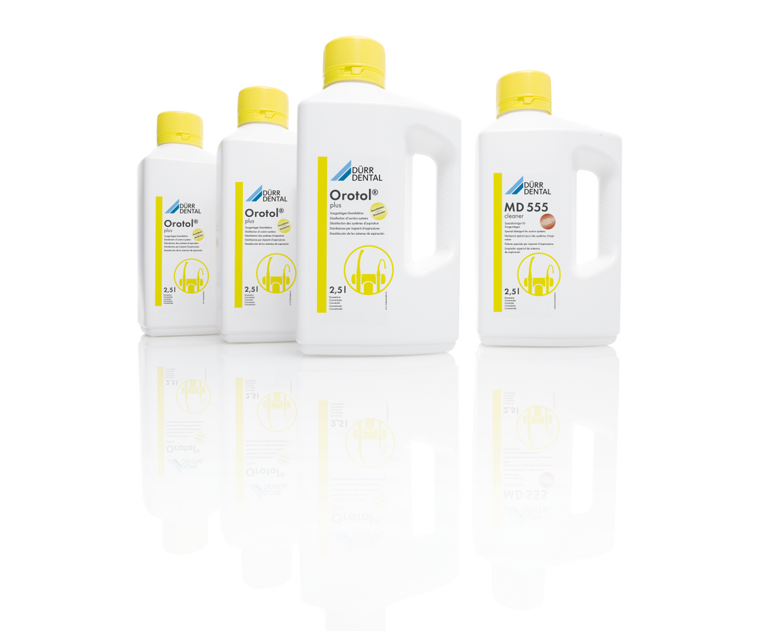 Orotol® Combi-Set Reinigungs- und Desinfektionsflaschen für zahnmedizinische Sauganlagen.