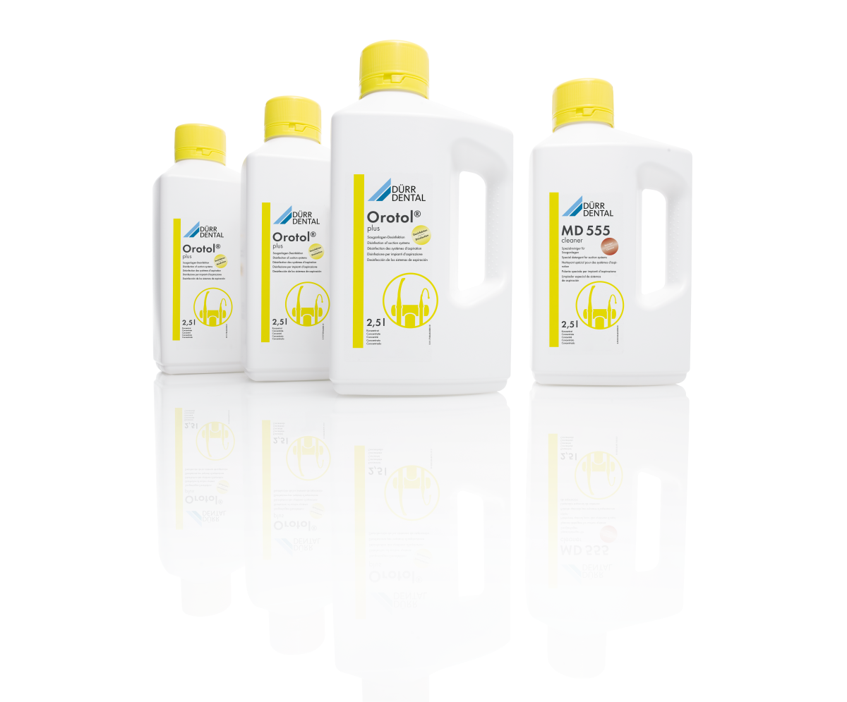 Orotol® Combi-Set Reinigungs- und Desinfektionsflaschen für zahnmedizinische Sauganlagen.