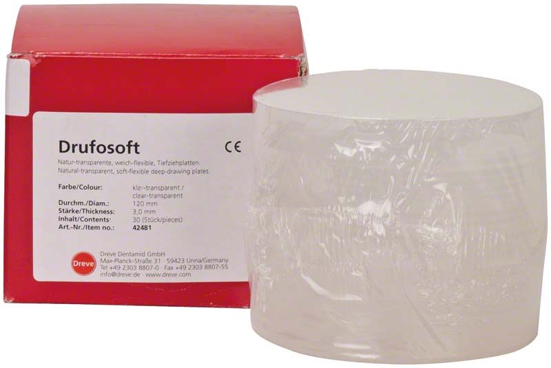 Hochwertige Drufosoft® 3,0mm Tiefziehfolie neben roter Verpackung.