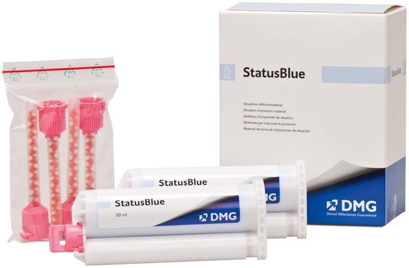 Status Blue Automix 2x50ml Abformmaterial mit Zubehör und Verpackung.
