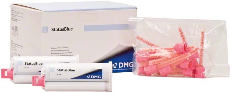 Status Blue Automix 8x50ml A-Silikon-Abformmaterial mit rosa Mischspitzen.