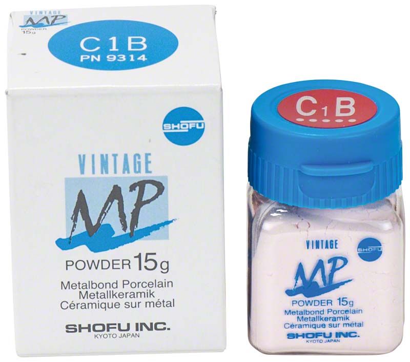 Vintage MP Dentinpulver 15g C1B in Glasfläschchen mit blauer Kappe und Verpackung.