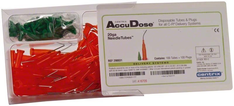 AccuDose PhotoBloc Nadelröhrchen 20GA in Originalverpackung mit roten und grünen Komponenten.